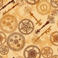 Vintage seamless pattern with gears of clockwork and antique keys on aged paper background. Royalty Free Stock Photo