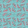 Vintage seamless pattern with hand drawn linear branches and colourful striped leaves on blue background.