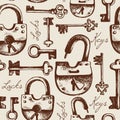 Vintage seamless pattern of hand drawn locks and keys