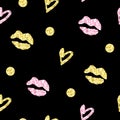 Vintage seamless pattern with kisses, hearts and circles with golden glitter foil texture Royalty Free Stock Photo