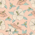 Vintage seamless pattern with line art white and pink hibiscus flowers, buds and leaves, with gray outline. On pink Royalty Free Stock Photo