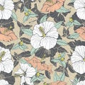 Vintage seamless pattern with line art white and pink hibiscus flowers, buds and leaves, with gray outline. Royalty Free Stock Photo