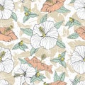 Vintage seamless pattern with line art white and pink hibiscus flowers, buds and leaves, with gray outline. Royalty Free Stock Photo