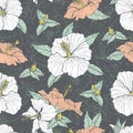 Vintage seamless pattern with line art white and pink hibiscus flowers, buds and leaves, with gray outline. Royalty Free Stock Photo