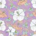 Vintage seamless pattern with line art white and pink hibiscus flowers, buds and leaves, with gray outline. On violet Royalty Free Stock Photo
