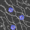 Vintage seamless pattern with luxury blue daisy flowers and abstract silver and white branches on dark gray background in vector.