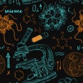 Vintage seamless pattern old chemistry laboratory with microscope, tubes, formulas, microbes and viruses. Royalty Free Stock Photo