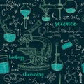 Vintage seamless pattern old chemistry laboratory with microscope, tubes and formulas. Royalty Free Stock Photo