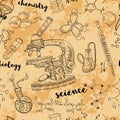 Vintage seamless pattern old chemistry laboratory with microscope, tubes and formulas.