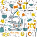 Vintage seamless pattern old chemistry laboratory with microscope, tubes and formulas. Royalty Free Stock Photo