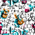 Vintage seamless pattern old chemistry laboratory with tubes and formulas. Royalty Free Stock Photo