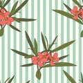 Vintage seamless pattern with Oleander pink flower. Pink coral Rhododendron flowers on a blue strip background Royalty Free Stock Photo