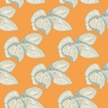 Vintage seamless pattern with outline doodle grey orchid flowers elements. Orange background