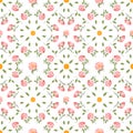 Vintage seamless pattern with pink peony, yellow dandelion bloom and green leaves for decorative design