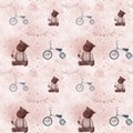 Vintage seamless pattern with plush bear and tricycle, children`s wallpaper, watercolor style background