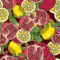 Colored seamless pattern with pomegranates and lemons in vintage style Royalty Free Stock Photo