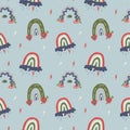 Vintage seamless pattern with rainbows. Various trendy rainbows with hearts and tears on a blue background with lightning. Vector