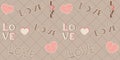 Vintage seamless pattern with red striped hearts and brown inscriptions love on a beige checkered background Royalty Free Stock Photo