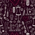 Vintage seamless pattern with sewing tools. Fashion wrapping paper. Handicraft pattern design Royalty Free Stock Photo