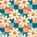 Vintage seamless pattern with smiling camomile flowers on checkered background. Psychedelic print for tee, paper, fabric, textile Royalty Free Stock Photo