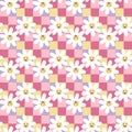 Vintage seamless pattern with smiling camomile flowers on checkered background. Psychedelic print for tee, paper, fabric, textile Royalty Free Stock Photo