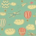 Vintage seamless pattern, vector illustration with hot air balloons, planes and birds flying in the blue sky with texture. Patter