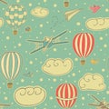 Vintage seamless pattern, vector illustration with hot air balloons, planes and birds flying in the blue sky with texture. Patter