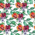 Vintage Seamless pattern watercolor pansy flowers. Royalty Free Stock Photo