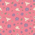 Vintage seamless pattern with white blue flowers, pigeon birds retro groovy background Royalty Free Stock Photo