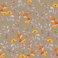 Vintage Seamless Primitive Floral Wallpaper. Cute Flowers And Leaves. Watercolour