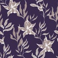 Vintage seamless print with flowers and leaves on a purple background. Vector illustration for hand-drawn fabric Royalty Free Stock Photo
