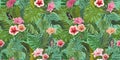 Vintage seamless tropical pattern with hibiscus flowers and leaves. Royalty Free Stock Photo