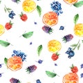 Vintage seamless watercolor pattern. Berry set - raspberries, blackberries, Strawberry, wild strawberries,blueberry, currant. Royalty Free Stock Photo