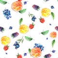 Vintage seamless watercolor pattern. Berry set - raspberries, blackberries, Strawberry, wild strawberries,blueberry, currant. Royalty Free Stock Photo