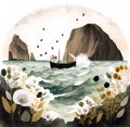 Vintage seascape with ship and flowers. Calm soft colors, printable illustration