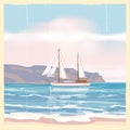 Vintage seaside summer view poster. Seascape, ship, flowers. Vector background, illustrations