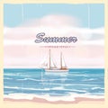 Vintage seaside summer view poster. Seascape, ship, flowers. Vector background, illustrations Royalty Free Stock Photo