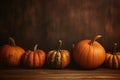fall autumn wood halloween pumpkin orange wooden leaf background season thanksgiving. Generative AI. Royalty Free Stock Photo