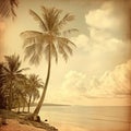 vintage sepia photo of tropical beach with palm trees