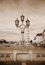 Vintage sepia photo from Westminster bridge and the London Eye background