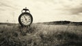 Vintage Black And White Clock In A Grassy Field Royalty Free Stock Photo