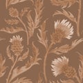 Vintage sepia watercolor pattern with thistle. Wild flowers hand drawn illustration. Meadow herbs on beige background.