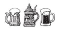 Vintage set of beer mugs. Old wooden mug. Traditional German stein. Glass mug with foam. Vector illustration Royalty Free Stock Photo