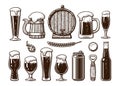 Vintage set of beer objects. Old wooden mug, barrel, glasses, hop, bottle, can, opener, cap. Engraving style vector Royalty Free Stock Photo