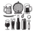 Vintage set of beer objects. Old wooden mug, barrel, glasses, hop, bottle, can, opener, cap. Hand drawn engraving style Royalty Free Stock Photo