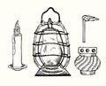 Vintage set: candle, kerosine vintage lamp, burning match, sanctuary lamp chancel or altar lamp, everlasting light hand drawn Royalty Free Stock Photo