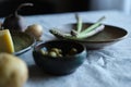 Vintage set of ceramics with farm healthy food, kinfolk lifestyle Royalty Free Stock Photo