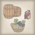 Vintage set of grapes, barrels, bottles
