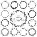 Vintage set of hand drawn rustic wreaths. Floral vector graphic.