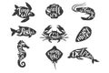 Vintage set of hand drawn sea animals. Silhouette of turtle, scallops, shrimp, fish, crab, mussel, seahorse, crampfish